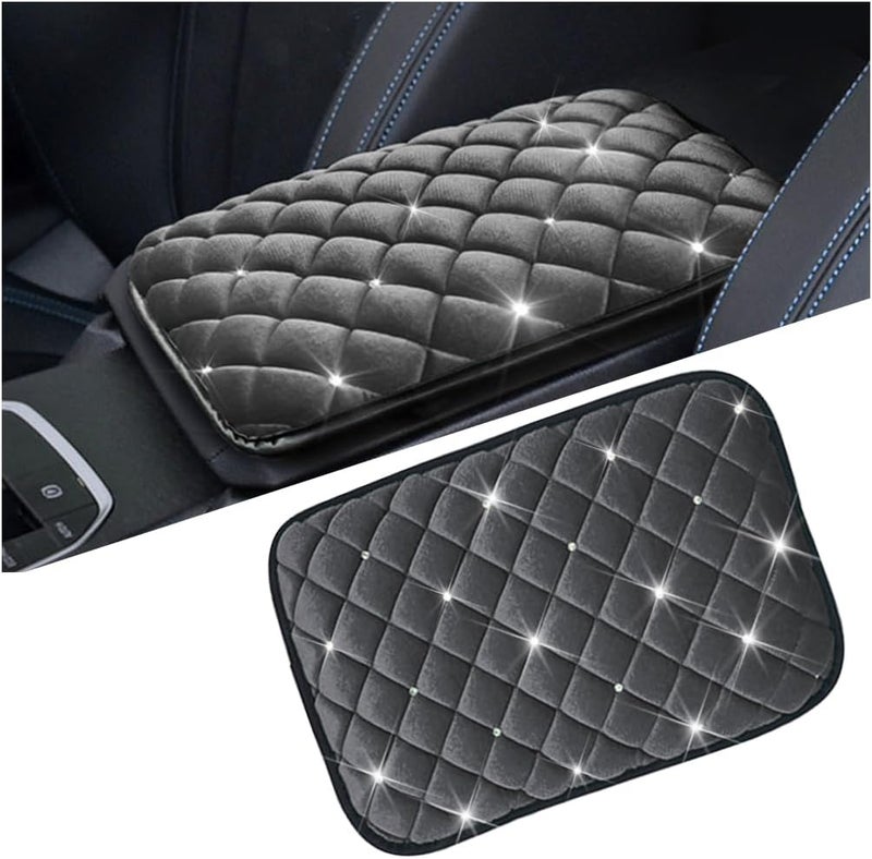 Mandark Bling Car Center Console Cover, Crystal Rhinestone Fluffy Automotive Armrest Seat Box Cushion Pad, Soft Comfortable Diamond Arm Rest Protection Mat, Universal Vehicle Accessories (Gray) - Image 1